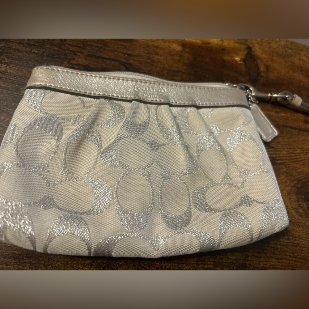 Coach Metallic Silver and Cream Signature Wristlet - Picture 3 of 6